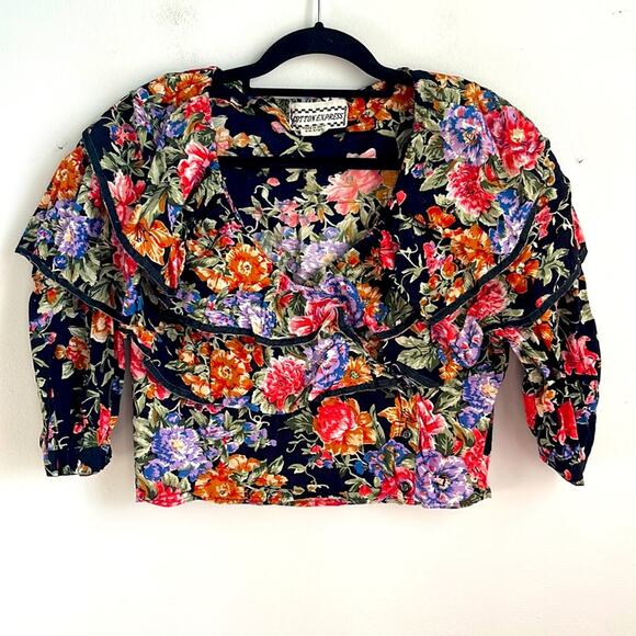 Vintage Cotton Express wide collar grandmacore floral wrap cropped top sz M - Picture 1 of 6